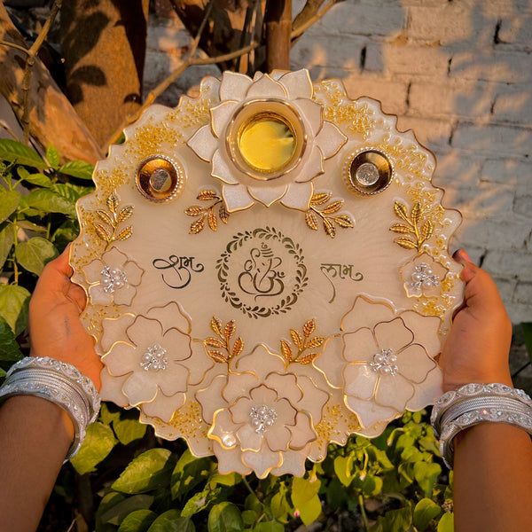 Handmade White Resin Pooja Thali – 12 Inches