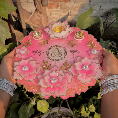 Handmade Pink & White Resin Pooja Thali – 12 Inches