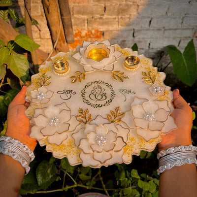 Handmade White Resin Pooja Thali – 12 Inches