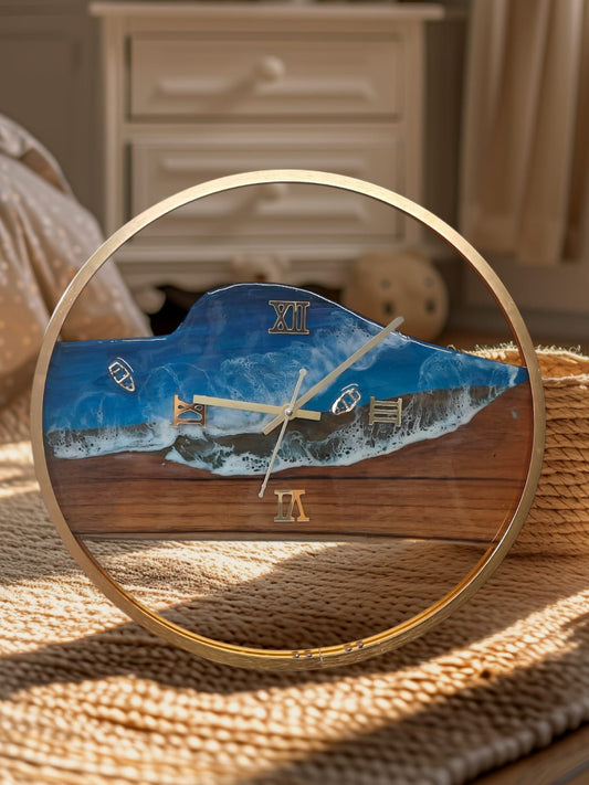 Eternal Wave Wall Clock – Teakwood & Resin in Luxe Gold Finish